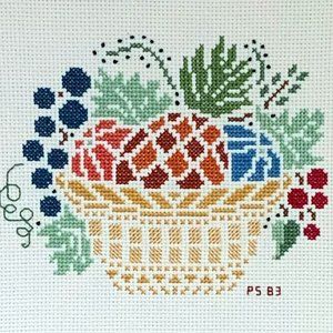 VTG Cross Stitch Fruit Basket Pineapple Grapes Completed Framed Embroidery Art